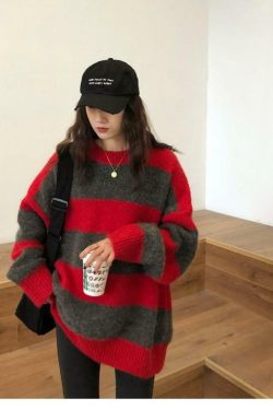 Y2K Grunge Oversized Striped Sweater - 90s Retro Fashion, Summer & Party Outfits