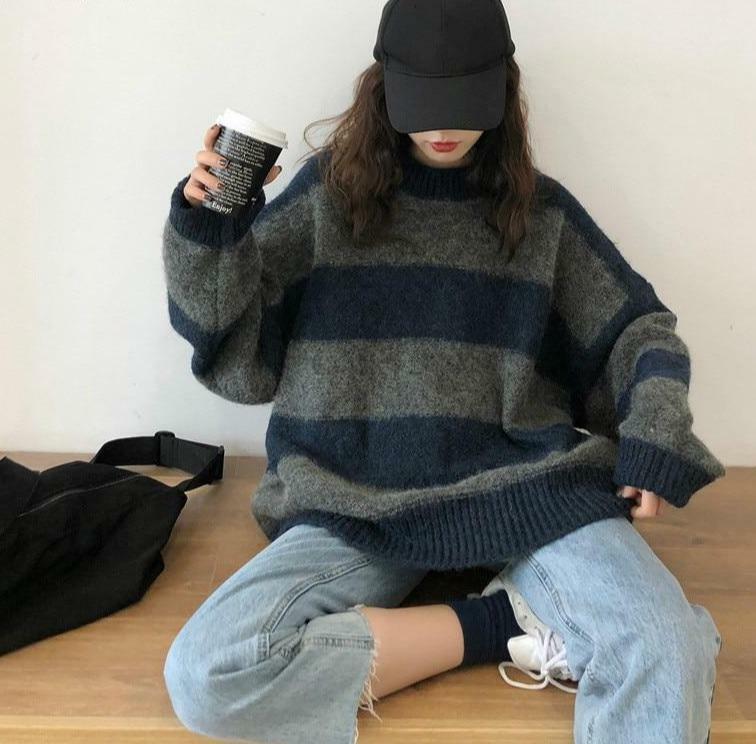 Y2K Grunge Oversized Striped Sweater - 90s Retro Fashion, Summer & Party Outfits