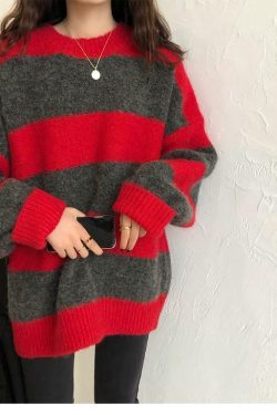 Y2K Grunge Oversized Striped Sweater - 90s Retro Fashion, Summer & Party Outfits