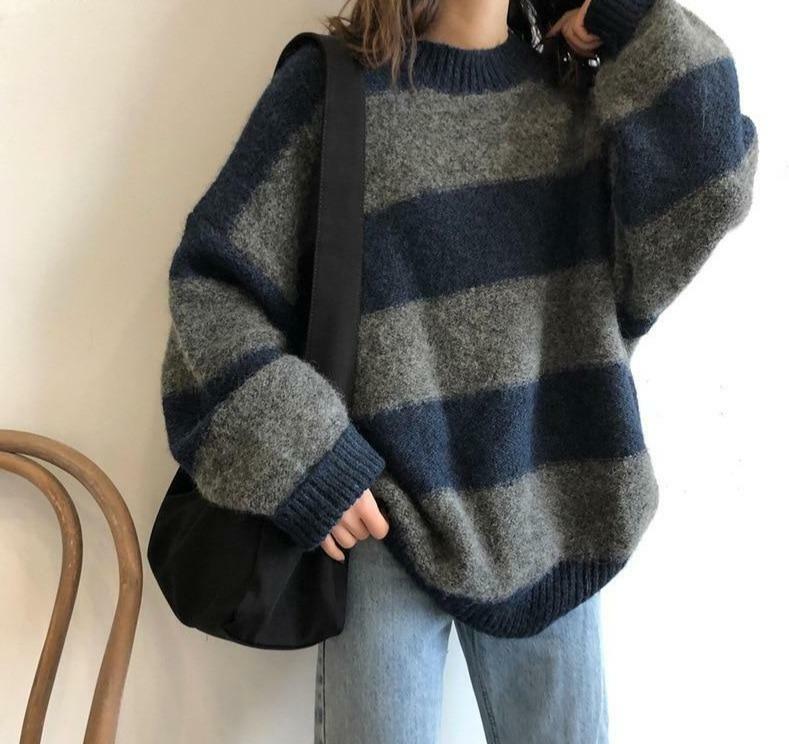 Y2K Grunge Oversized Striped Sweater - 90s Retro Fashion, Summer & Party Outfits