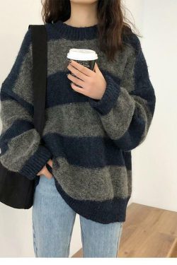 Y2K Grunge Oversized Striped Sweater - 90s Retro Fashion, Summer & Party Outfits