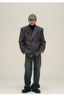 Y2K Grunge Padded Shoulder Pin-Buckle Blazer - Retro 90s Fashion, Summer & Party Outfits