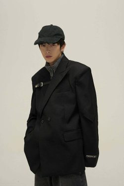 Y2K Grunge Padded Shoulder Pin-Buckle Blazer - Retro 90s Fashion, Summer & Party Outfits