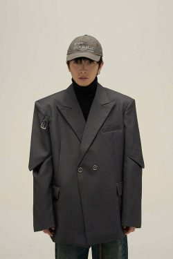 Y2K Grunge Padded Shoulder Pin-Buckle Blazer - Retro 90s Fashion, Summer & Party Outfits
