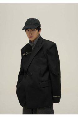 Y2K Grunge Padded Shoulder Pin-Buckle Blazer - Retro 90s Fashion, Summer & Party Outfits