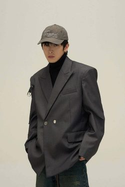 Y2K Grunge Padded Shoulder Pin-Buckle Blazer - Retro 90s Fashion, Summer & Party Outfits