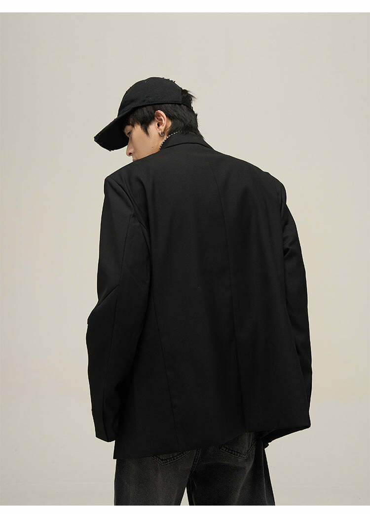 Y2K Grunge Padded Shoulder Pin-Buckle Blazer - Retro 90s Summer Outfit for Women
