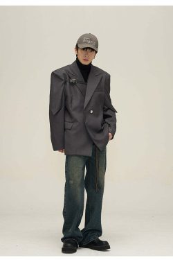 Y2K Grunge Padded Shoulder Pin-Buckle Blazer - Retro 90s Summer Outfit for Women
