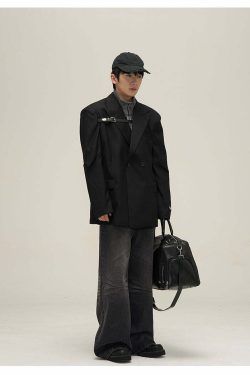 Y2K Grunge Padded Shoulder Pin-Buckle Blazer - Retro 90s Summer Outfit for Women