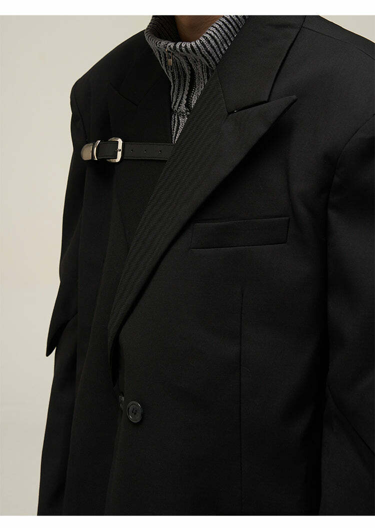 Y2K Grunge Padded Shoulder Pin-Buckle Blazer - Retro 90s Summer Outfit for Women