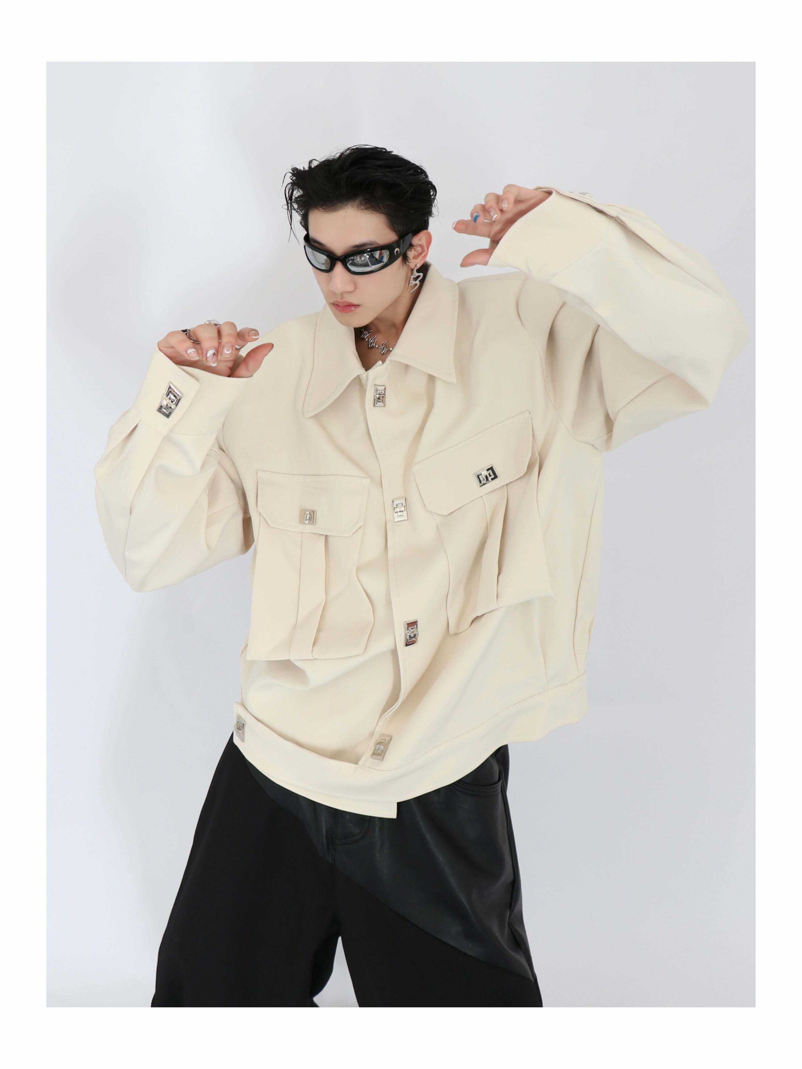 Y2K Grunge Padded Shoulders Jacket - Retro 90s Fashion, Summer Y2K Outfits, Gothic Y2K Style