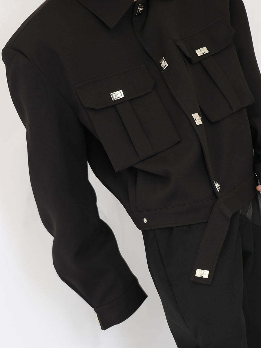 Y2K Grunge Padded Shoulders Jacket - Retro 90s Fashion, Summer Y2K Outfits, Gothic Y2K Style