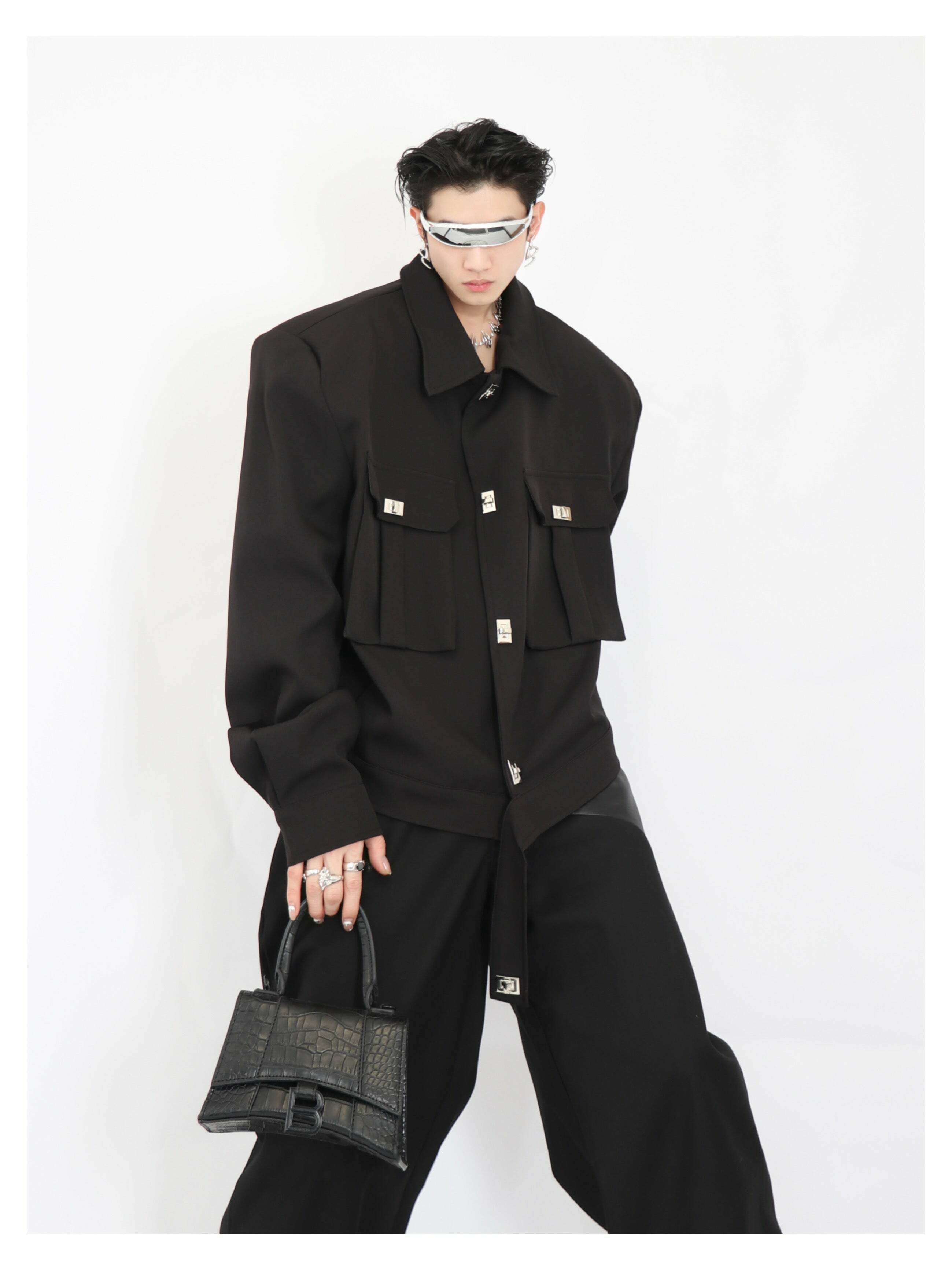 Y2K Grunge Padded Shoulders Jacket - Retro 90s Fashion, Summer Y2K Outfits, Gothic Y2K Style