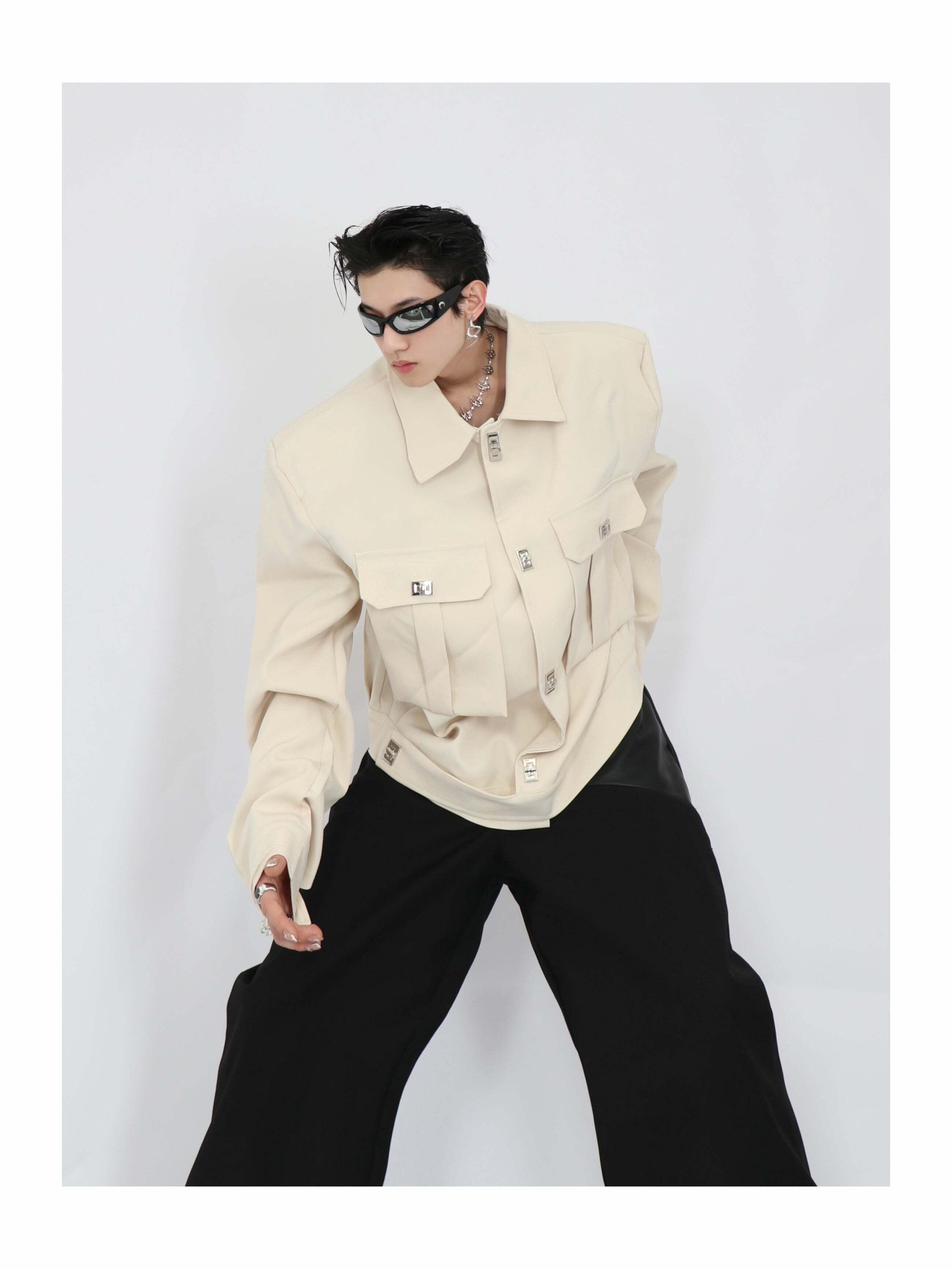 Y2K Grunge Padded Shoulders Jacket - Retro 90s Fashion, Summer Y2K Outfits, Gothic Y2K Style