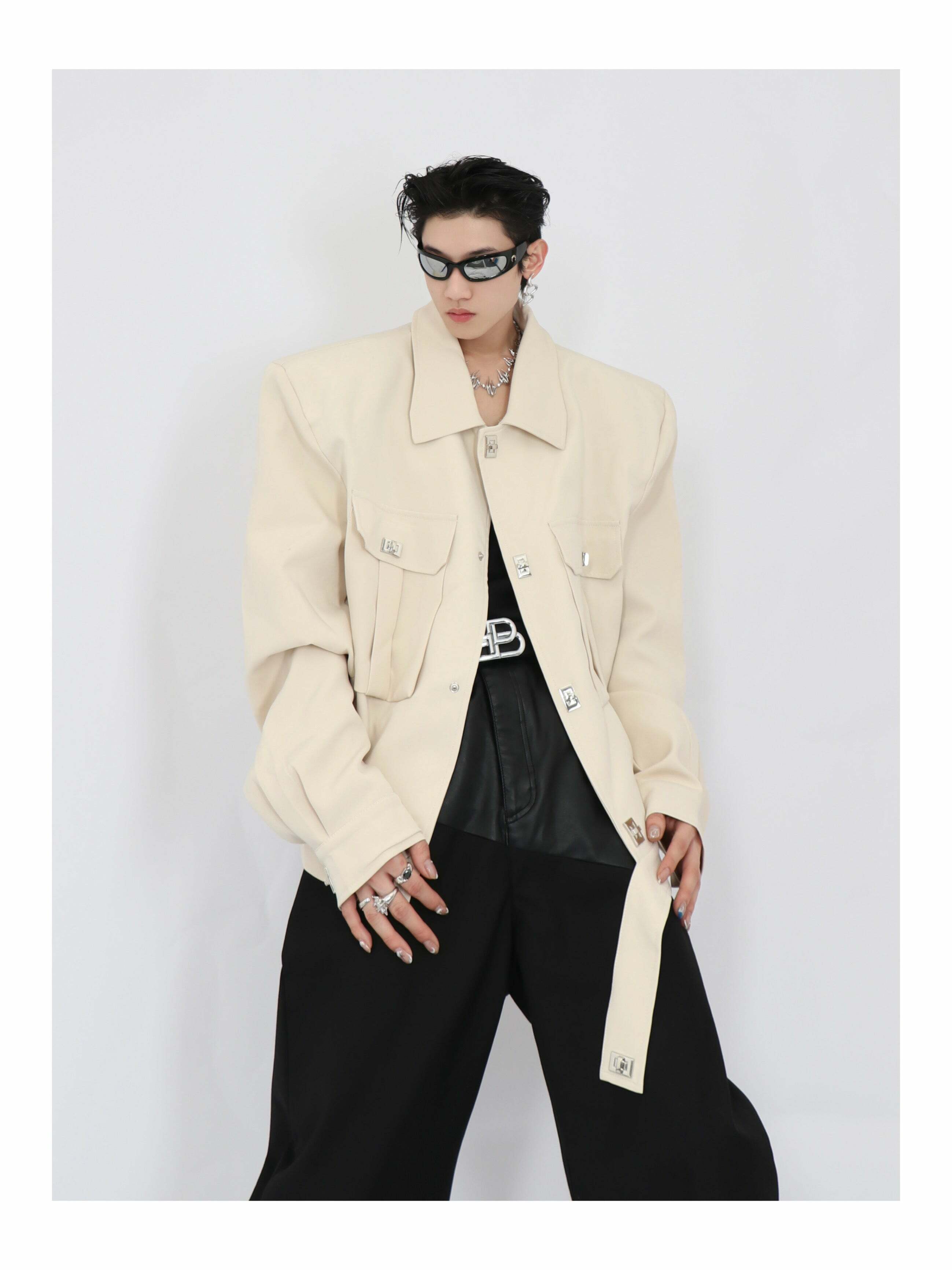 Y2K Grunge Padded Shoulders Jacket - Retro 90s Fashion, Summer Y2K Outfits, Gothic Y2K Style