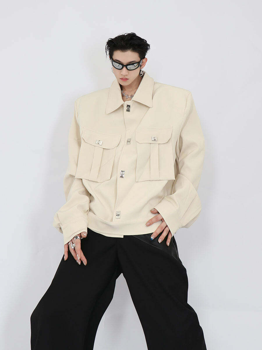 Y2K Grunge Padded Shoulders Jacket - Retro 90s Fashion, Summer Y2K Outfits, Gothic Y2K Style