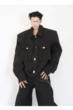 Y2K Grunge Padded Shoulders Jacket - Retro 90s Fashion, Summer Y2K Outfits, Gothic Y2K Style