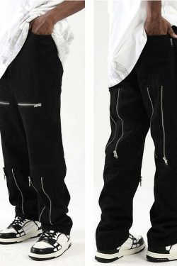 Y2K Grunge Parallel Zip Jeans - 90s Retro Style, Summer Outfits, Hip Hop Fashion