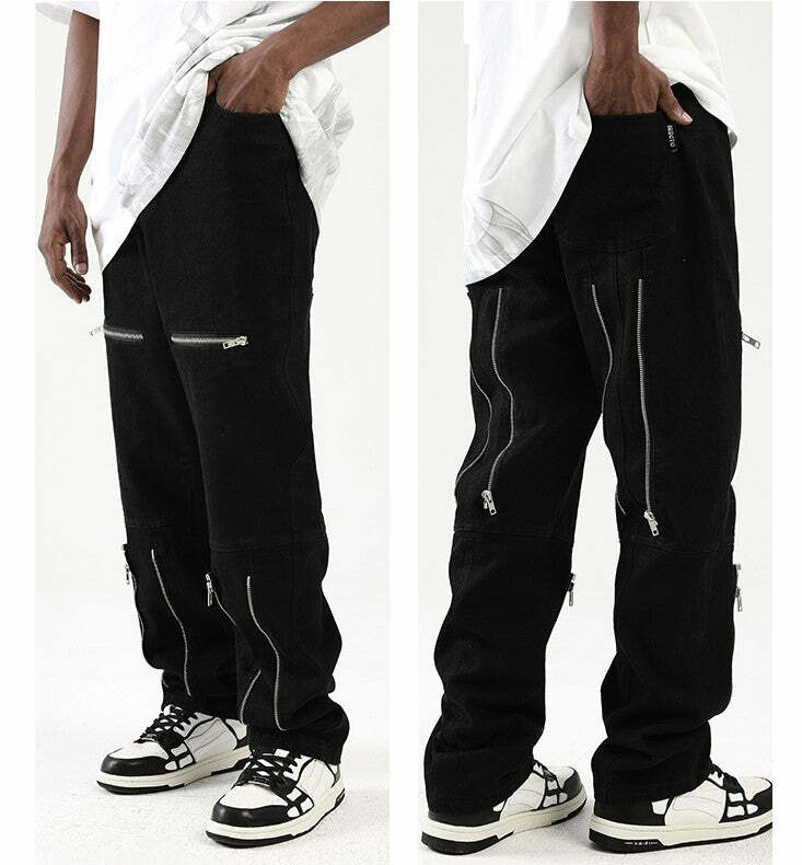 Y2K Grunge Parallel Zip Jeans - 90s Retro Style, Summer Outfits, Hip Hop Fashion