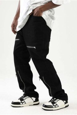 Y2K Grunge Parallel Zip Jeans - 90s Retro Style, Summer Outfits, Hip Hop Fashion