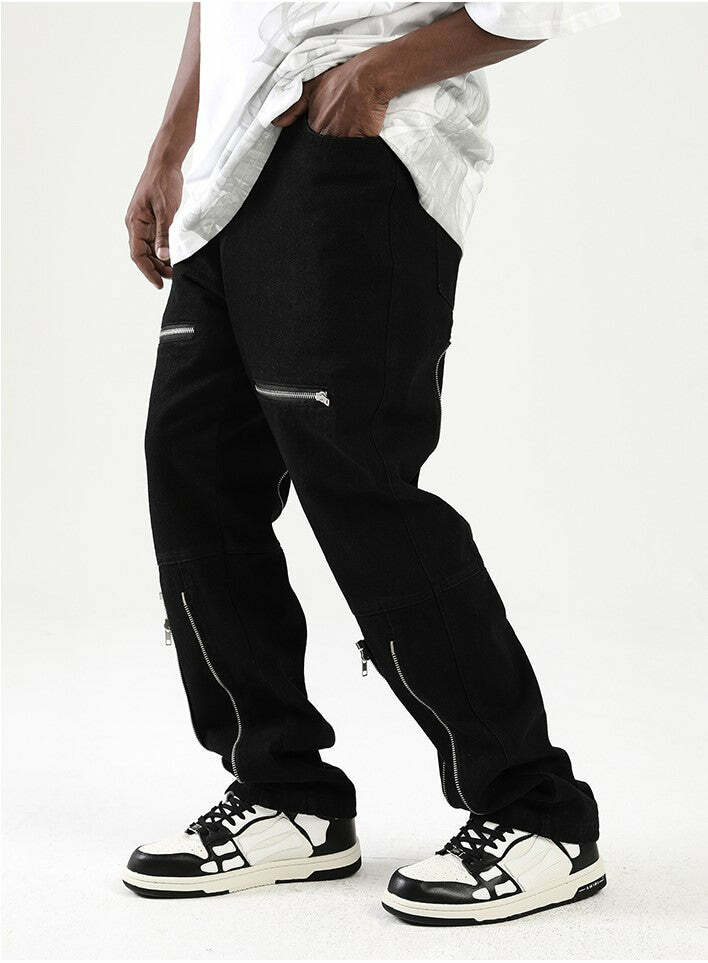 Y2K Grunge Parallel Zip Jeans - 90s Retro Style, Summer Outfits, Hip Hop Fashion