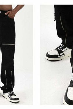 Y2K Grunge Parallel Zip Jeans - 90s Retro Style, Summer Outfits, Hip Hop Fashion
