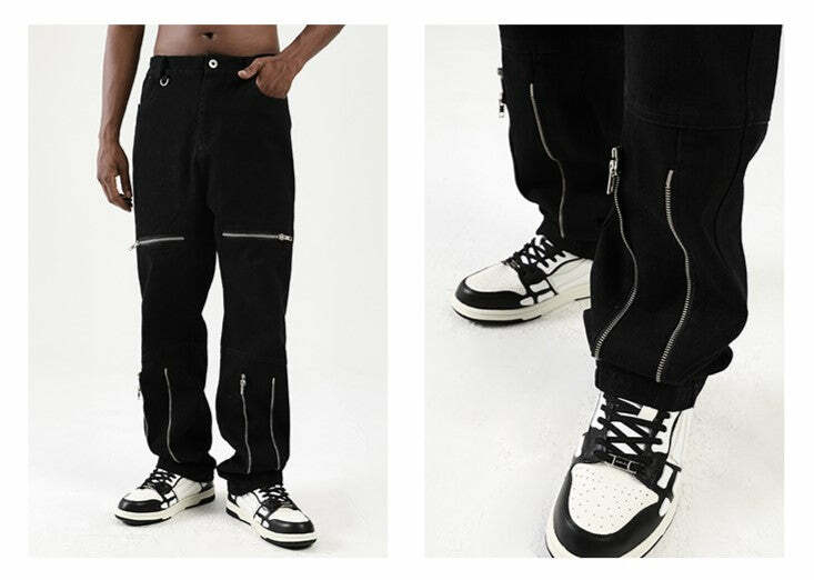Y2K Grunge Parallel Zip Jeans - 90s Retro Style, Summer Outfits, Hip Hop Fashion