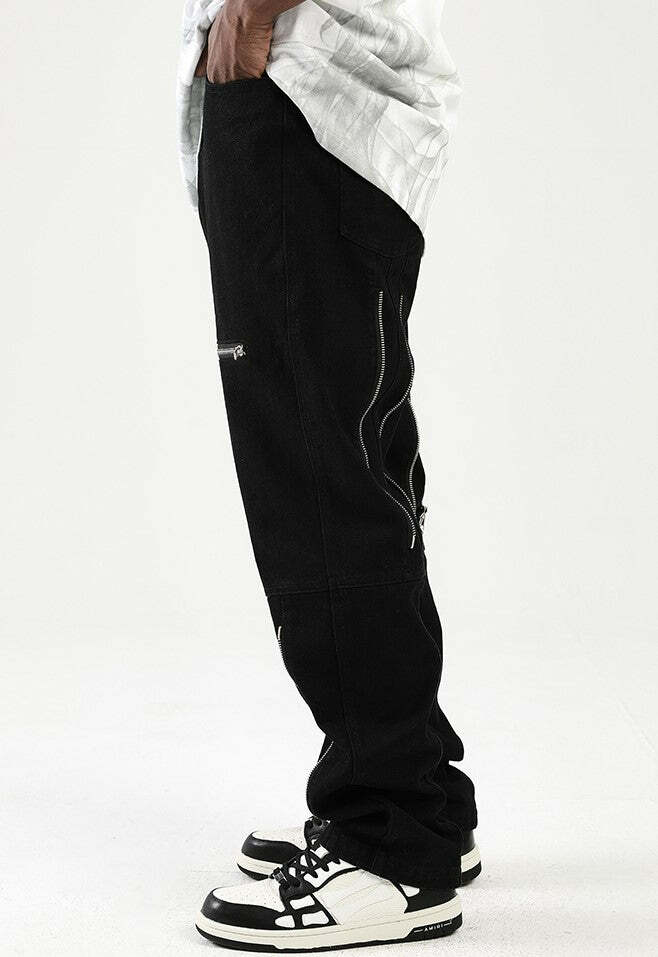 Y2K Grunge Parallel Zip Jeans - 90s Retro Style, Summer Outfits, Hip Hop Fashion