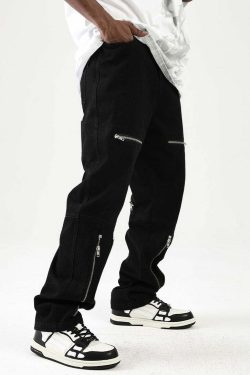 Y2K Grunge Parallel Zip Jeans - 90s Retro Style, Summer Outfits, Hip Hop Fashion