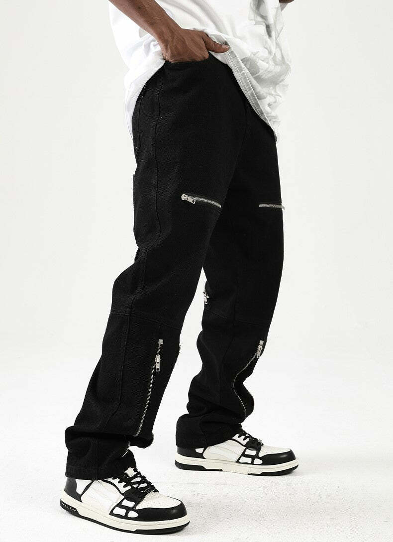 Y2K Grunge Parallel Zip Jeans - 90s Retro Style, Summer Outfits, Hip Hop Fashion