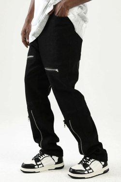 Y2K Grunge Parallel Zip Jeans - 90s Retro Style, Summer Outfits, Hip Hop Fashion