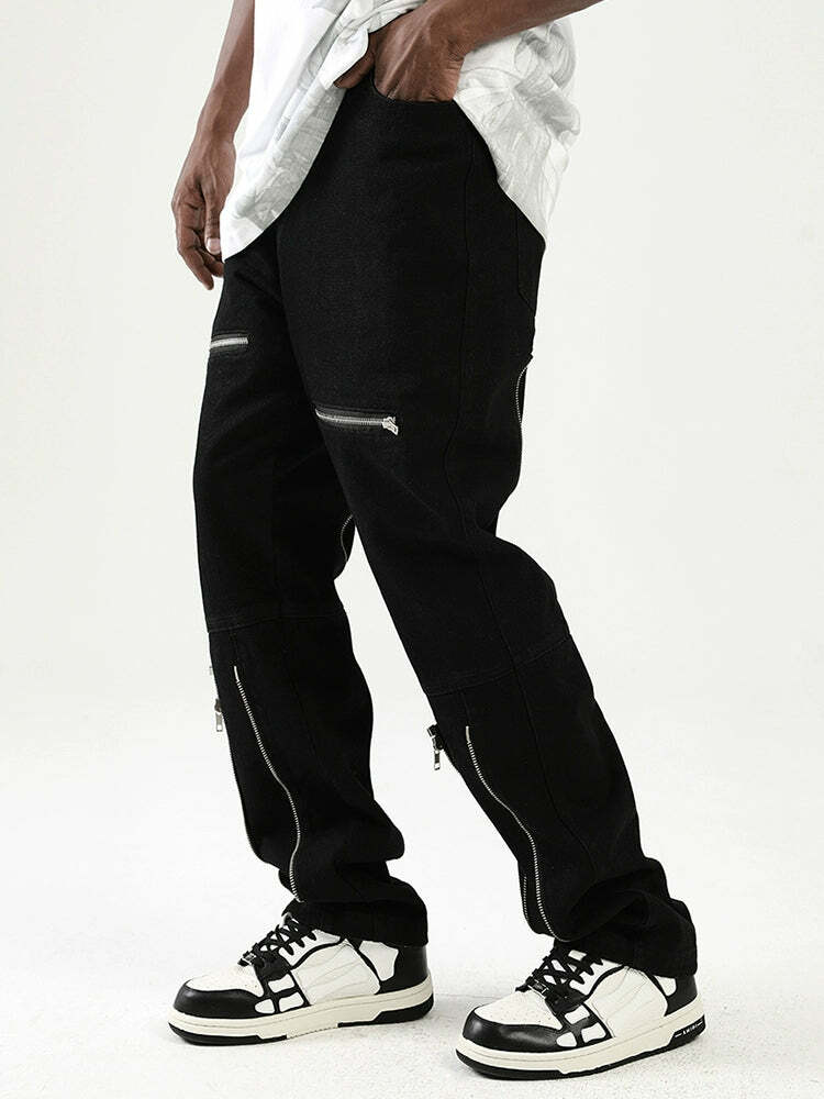 Y2K Grunge Parallel Zip Jeans - 90s Retro Style, Summer Outfits, Hip Hop Fashion