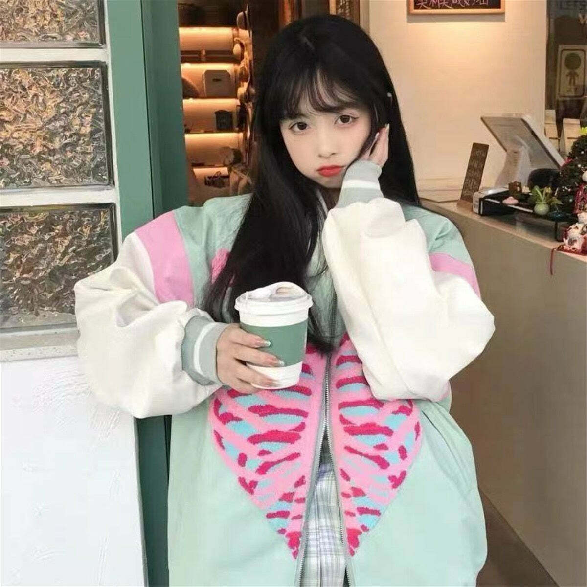 Y2K Grunge Pastel Bone Heart Hoodie - Retro 90s Fashion, Summer Y2K Outfits, Gothic Y2K Style