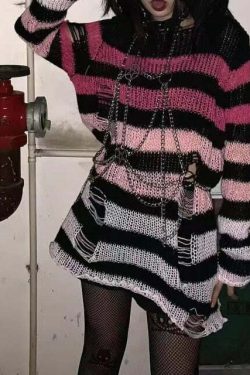 Y2K Grunge Pastel Goth Pink Gradient Long Striped Sweater - Retro 90s Punk Egirl Fashion