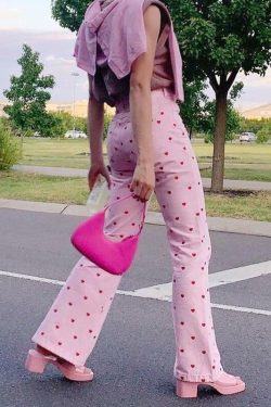 Y2K Grunge Pink Heart Pants - Retro 90s Summer Outfit, Y2K Club & Party Fashion
