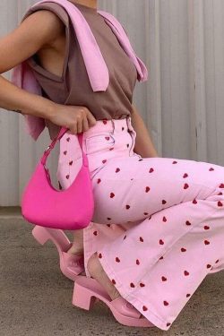 Y2K Grunge Pink Heart Pants - Retro 90s Summer Outfit, Y2K Club & Party Fashion