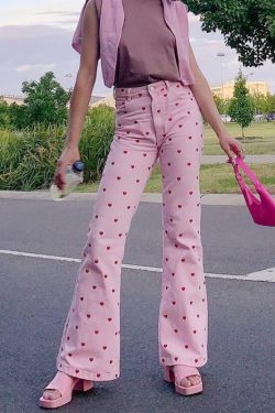 Y2K Grunge Pink Heart Pants - Retro 90s Summer Outfit, Y2K Club & Party Fashion