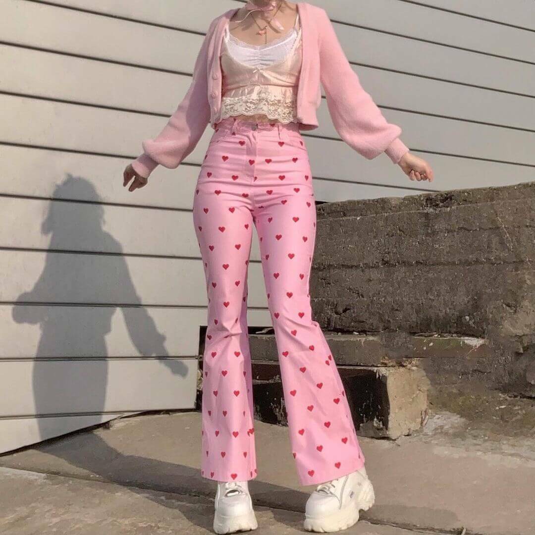 Y2K Grunge Pink Heart Pants - Retro 90s Summer Outfit, Y2K Club & Party Fashion