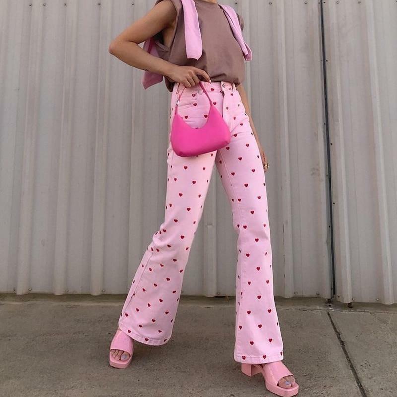 Y2K Grunge Pink Heart Pants - Retro 90s Summer Outfit, Y2K Club & Party Fashion