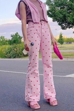 Y2K Grunge Pink Heart Pants - Retro 90s Summer Outfit, Y2K Club & Party Fashion