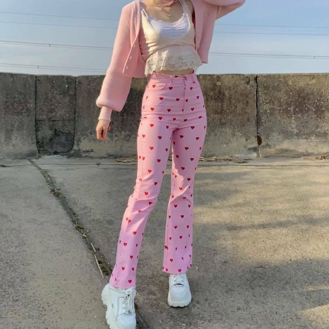 Y2K Grunge Pink Heart Pants - Retro 90s Summer Outfit, Y2K Club & Party Fashion