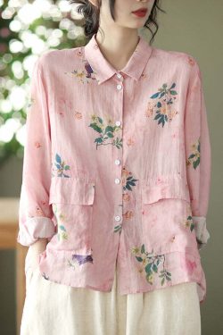 Y2K Grunge Pink Linen Shirt - Long Sleeve, Low High Design, Retro 90s Summer Fashion