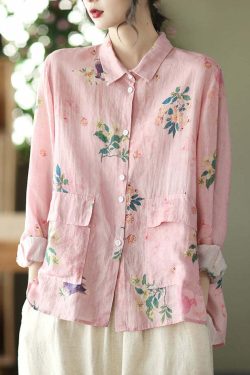Y2K Grunge Pink Linen Shirt - Long Sleeve, Low High Design, Retro 90s Summer Fashion