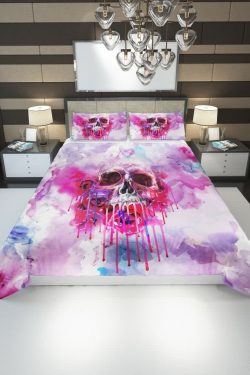 Y2K Grunge Pink Melting Skull Duvet Cover Set - Retro 90s Goth Pastel Goth Summer Bedding