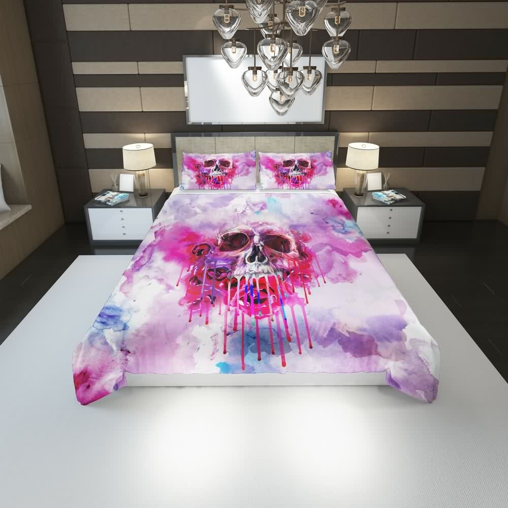Y2K Grunge Pink Melting Skull Duvet Cover Set - Retro 90s Goth Pastel Goth Summer Bedding