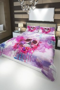 Y2K Grunge Pink Melting Skull Duvet Cover Set - Retro 90s Goth Pastel Goth Summer Bedding