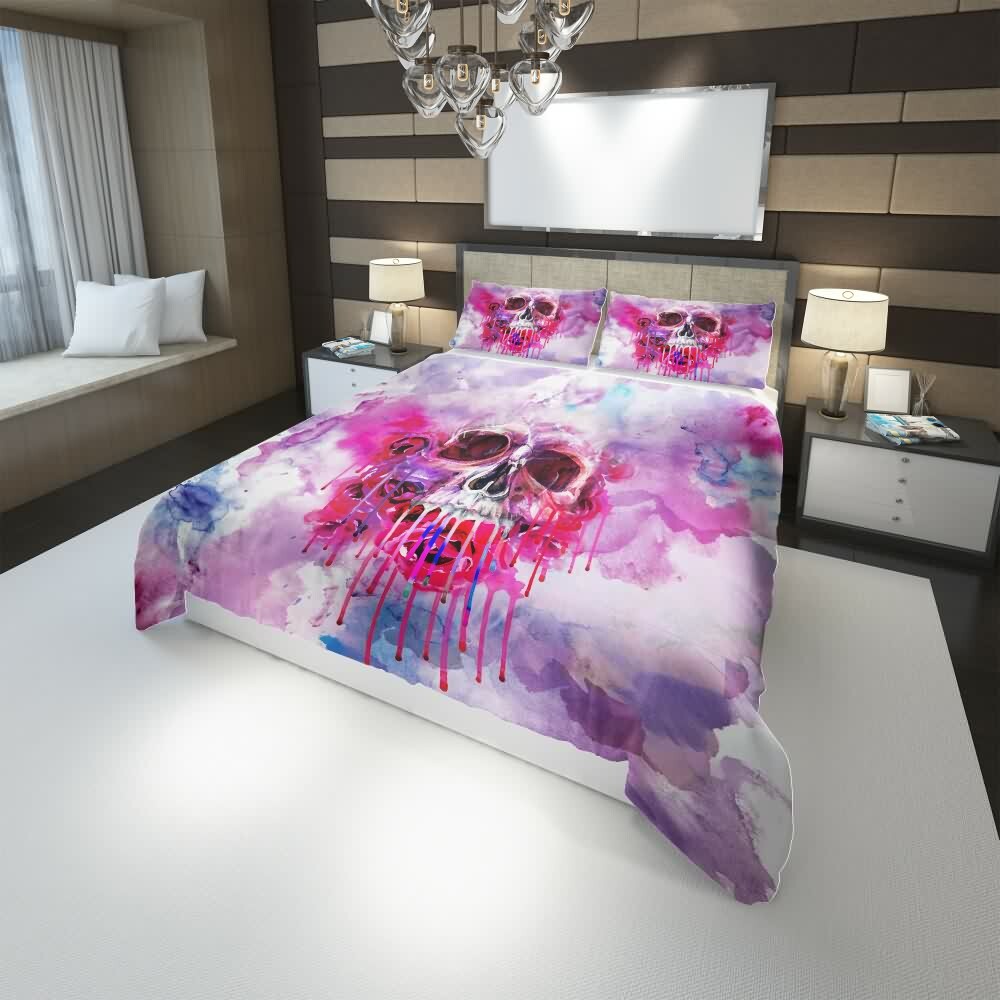 Y2K Grunge Pink Melting Skull Duvet Cover Set - Retro 90s Goth Pastel Goth Summer Bedding