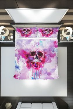 Y2K Grunge Pink Melting Skull Duvet Cover Set - Retro 90s Goth Pastel Goth Summer Bedding