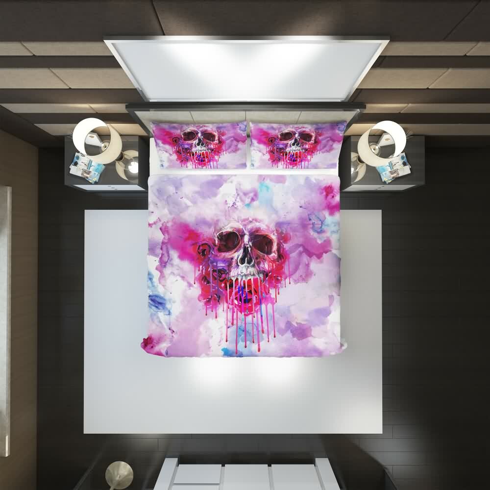 Y2K Grunge Pink Melting Skull Duvet Cover Set - Retro 90s Goth Pastel Goth Summer Bedding