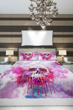 Y2K Grunge Pink Melting Skull Duvet Cover Set - Retro 90s Goth Pastel Goth Summer Bedding